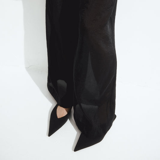 Black Satin Pointed-Toe Slingback Flats