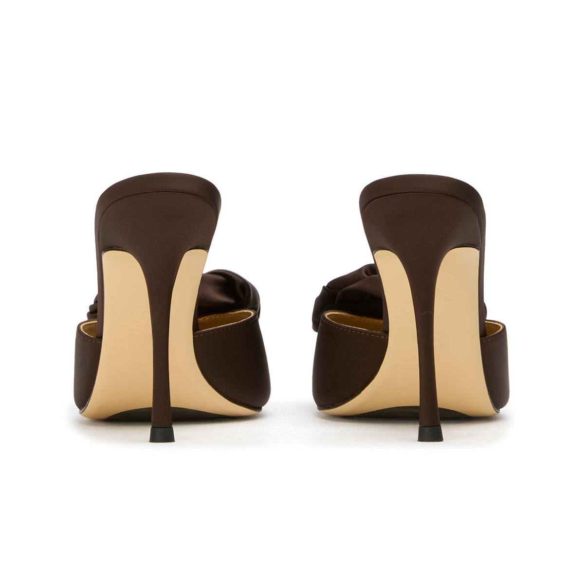 Chocolate Satin Round-Toe Front Big Rose Backless High Heels