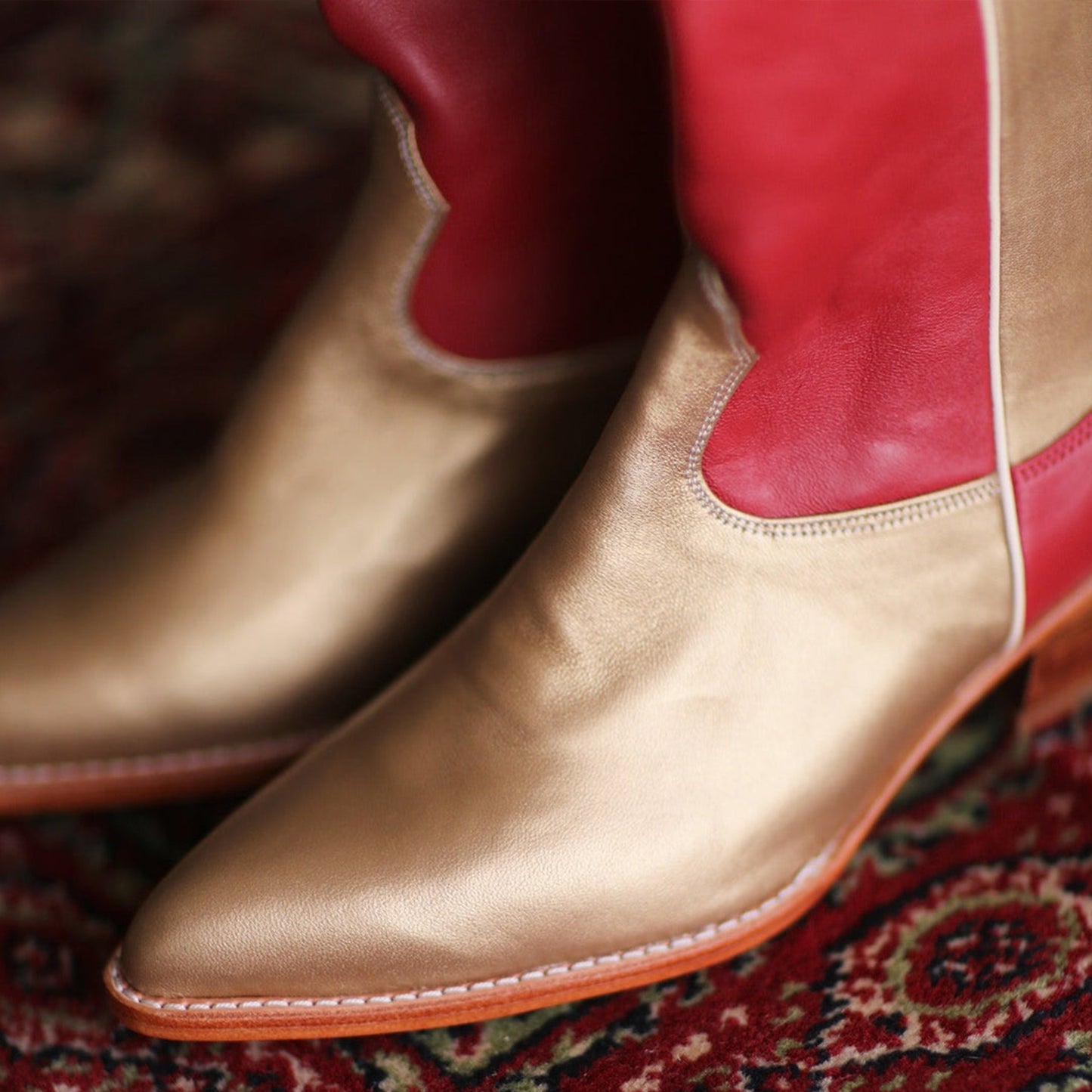 Gold And Red Almond-Toe Simple Back Full-Zip Mid Calf Cowgirl Boots