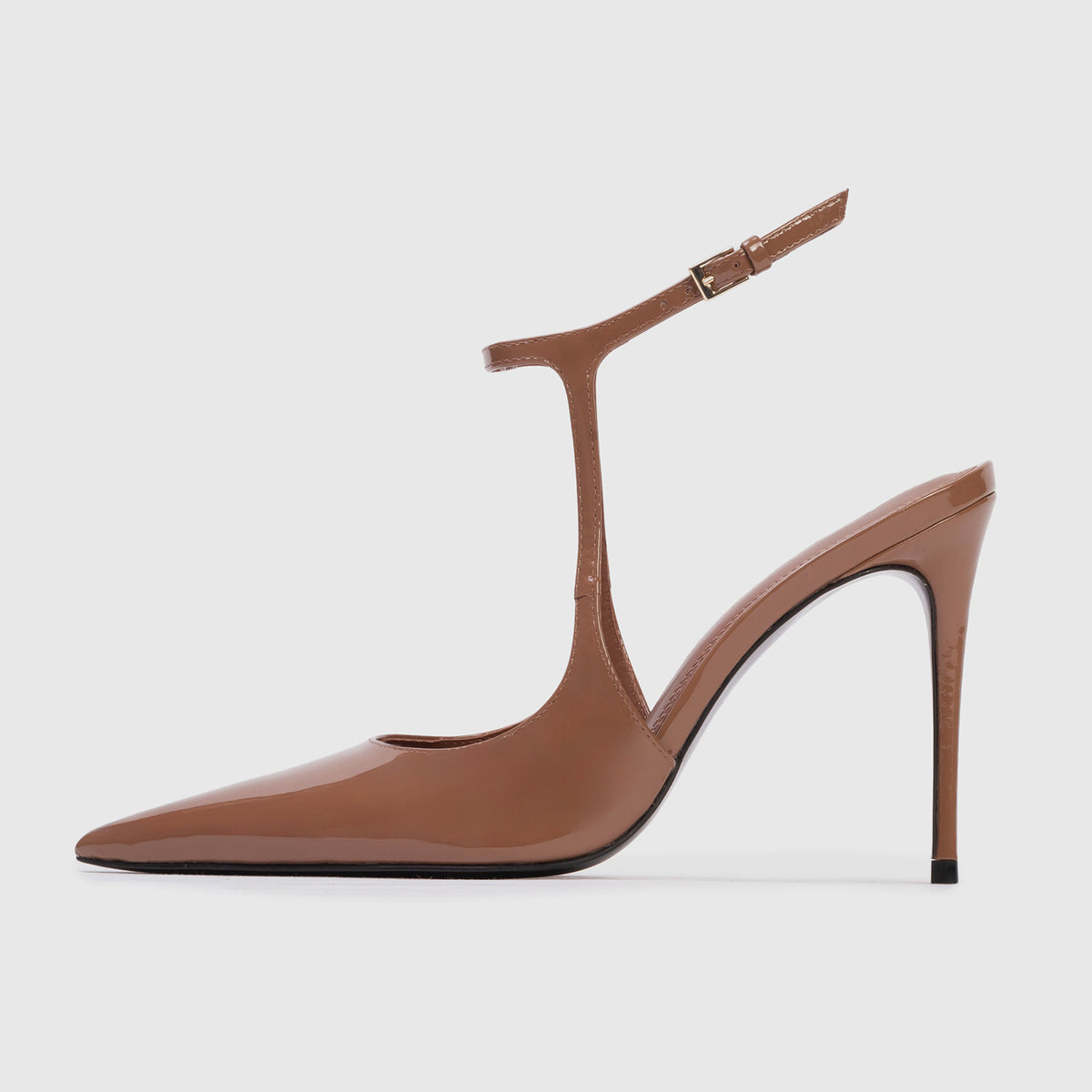 Patent Coffee Pointed-Toe Ankle Strap With Buckle Chic High Heels