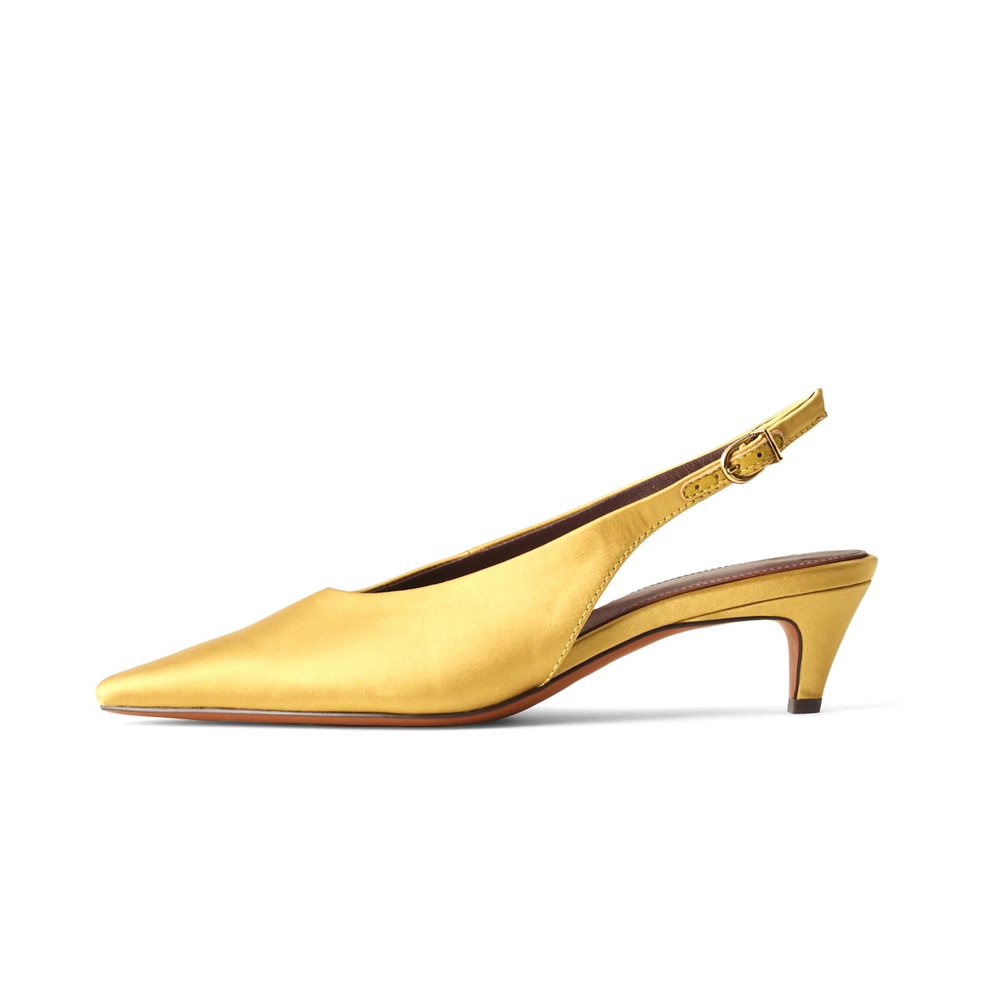 Olive Yellow Satin Pointed-Toe Slingback Slip-On Kitten Heels