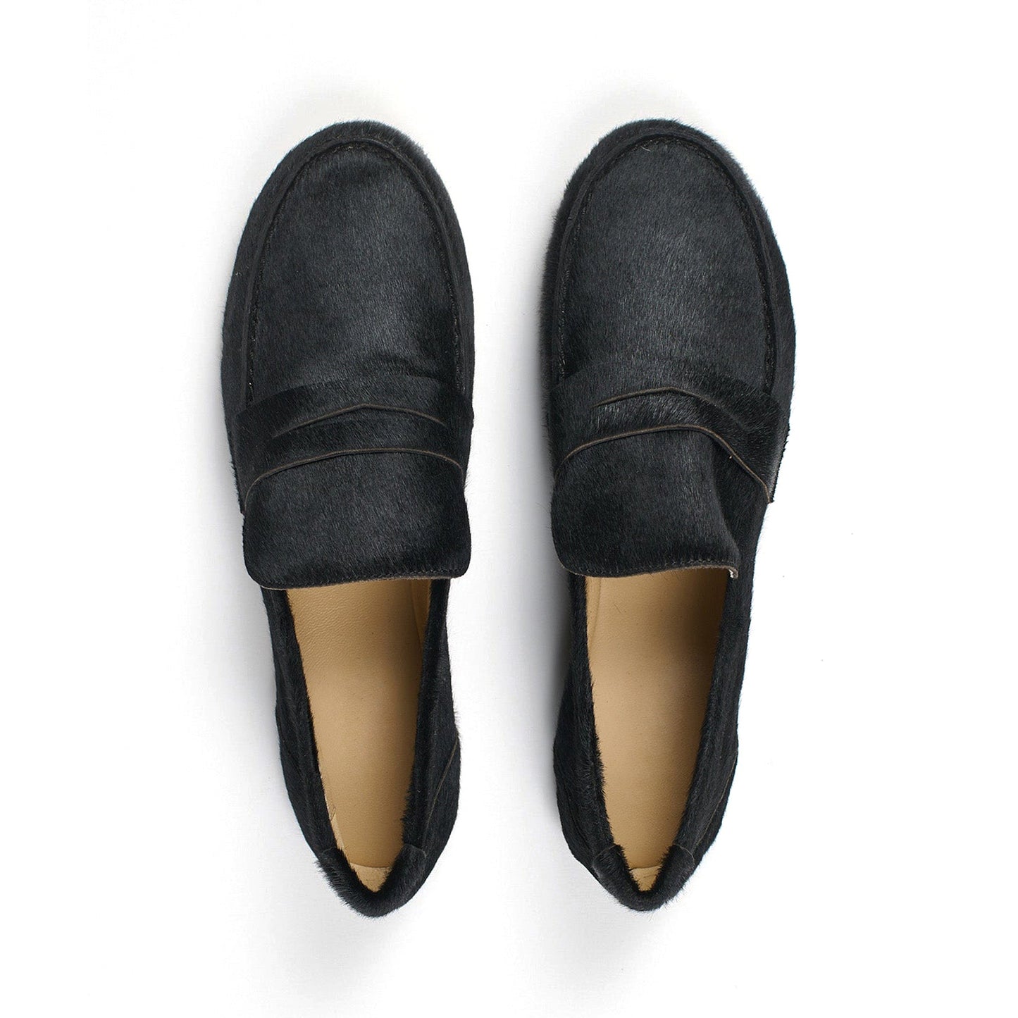 Black Pony Hair Vegan Leather Round-Toe Slip-On Chic Loafers Flats