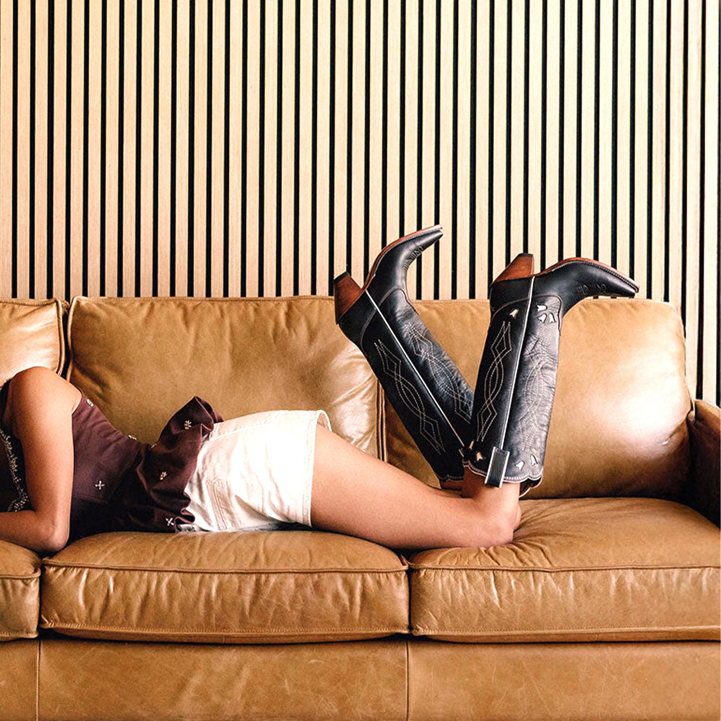 Chocolate Snip-Toe Tulip Inlay Embroidery Wide Calf Knee High Cowgirl Boots