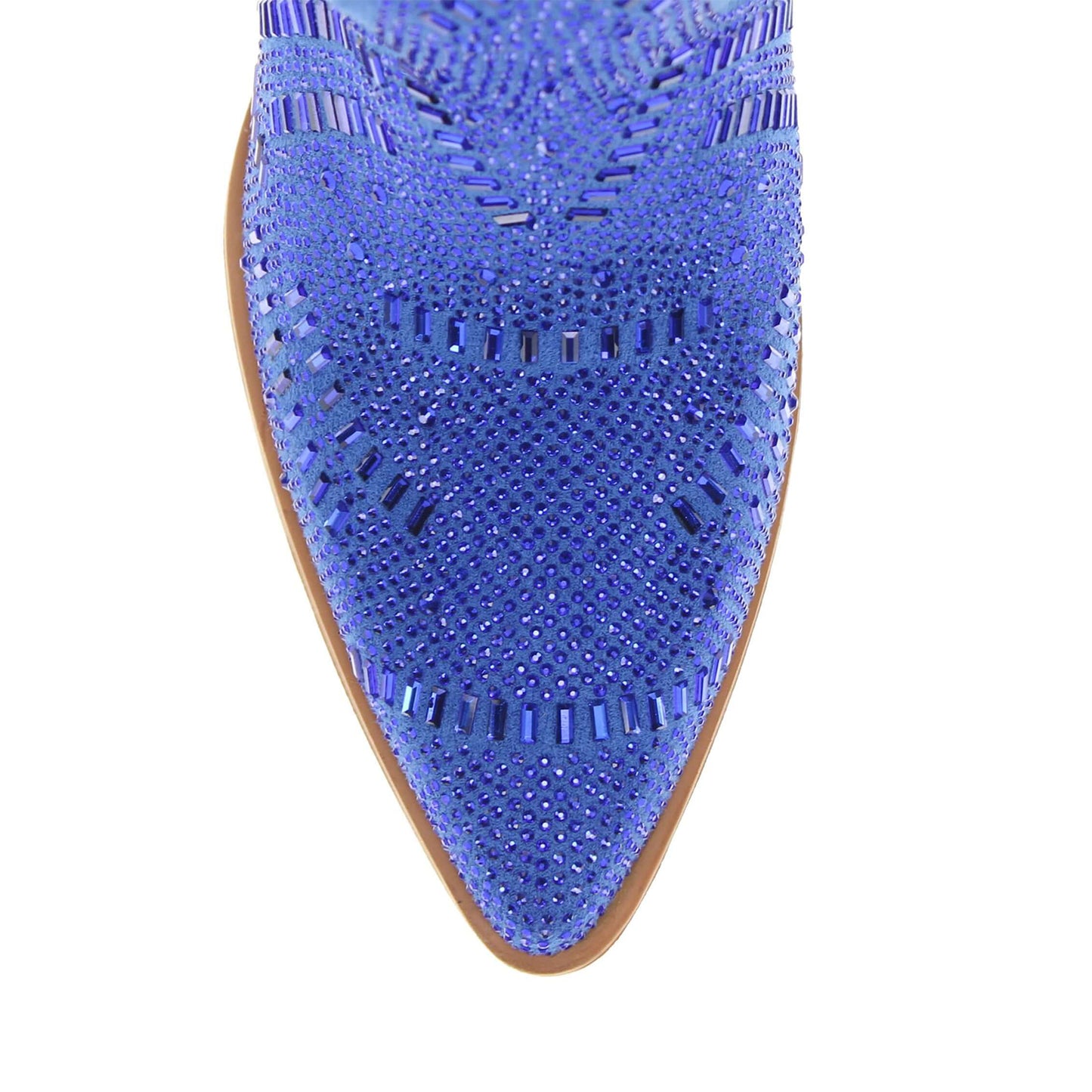 Blue Faux Suede Pointed-Toe Full Crystals Wide Calf Knee High Cowgirl Boots