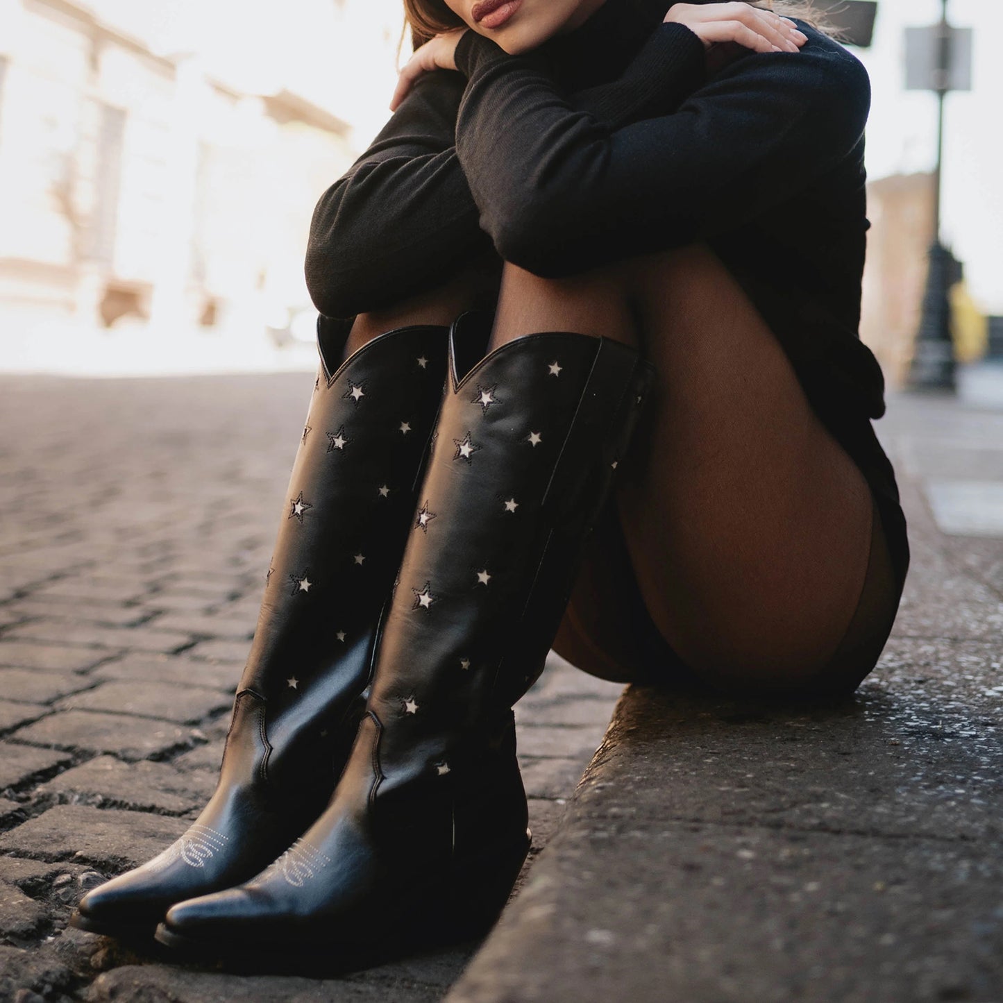 Black Snip-Toe Stars Inlay Wide Calf Knee High Cowgirl Boots