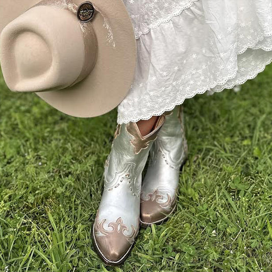 Contrast Silver And Rose Gold Snip-Toe Running Stitch Ankle Cowgirl Boots