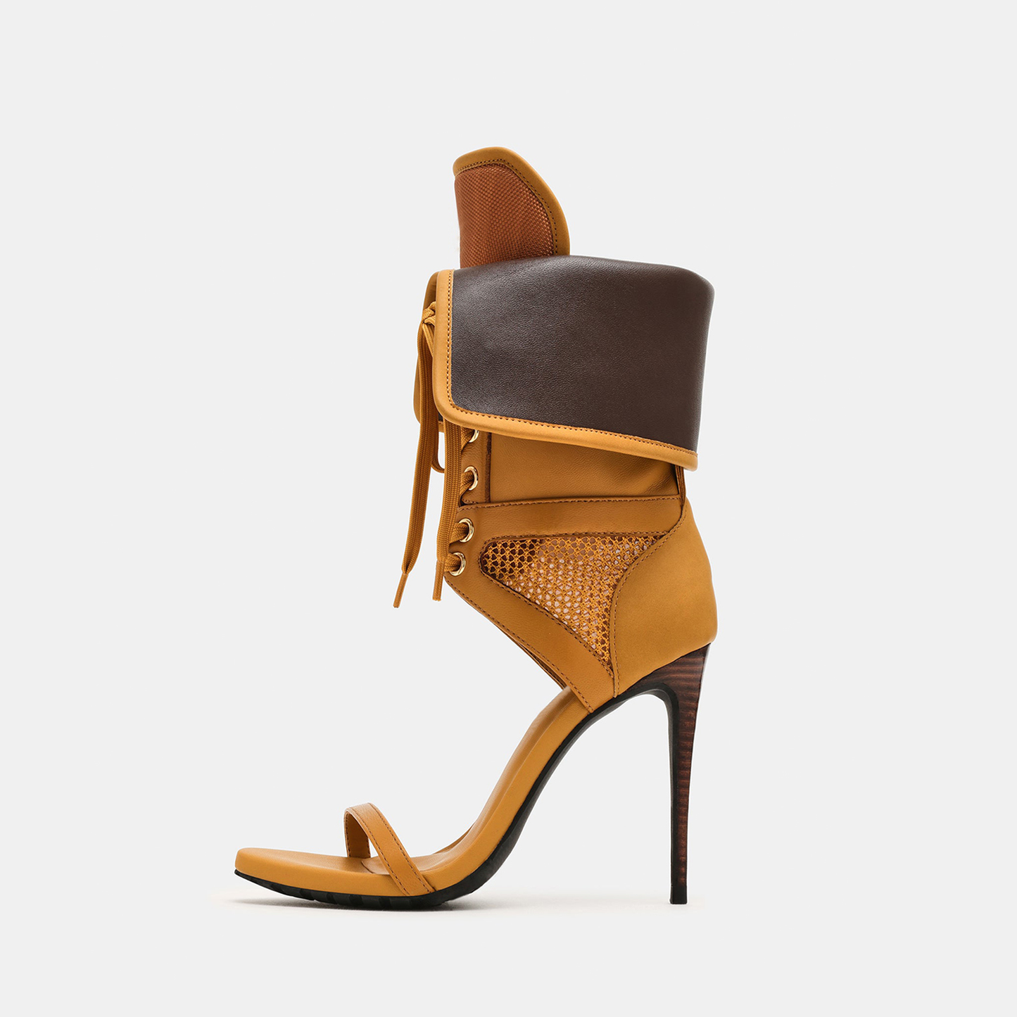 Wheat Open Round-Toe Mesh And Lace-Up Shaft Back Design Stiletto High Heels