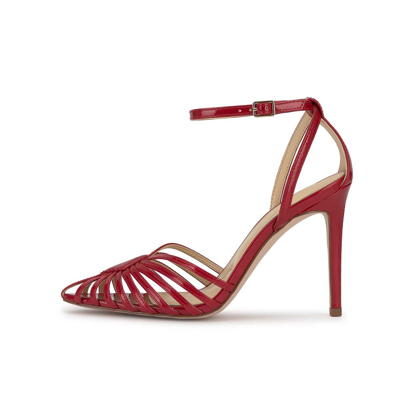 Patent Red Pointed-Toe Front Strappy Ankle Strap Pumps High Heels