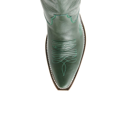 Green Snip-Toe Embroidery And Floral Inlay Wide Calf Knee High Cowgirl Boots