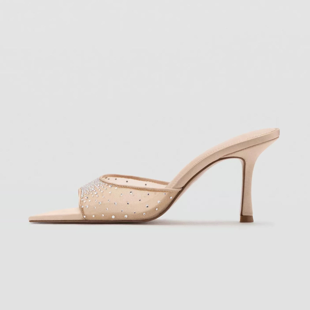 Champagne Mesh With Rhinestones Pointed-Toe Backless Pumps High Heels