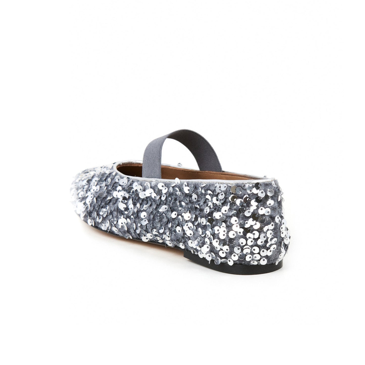 Gray Velvet Round-Toe Full Sequins Ballet Mary Jane Flats