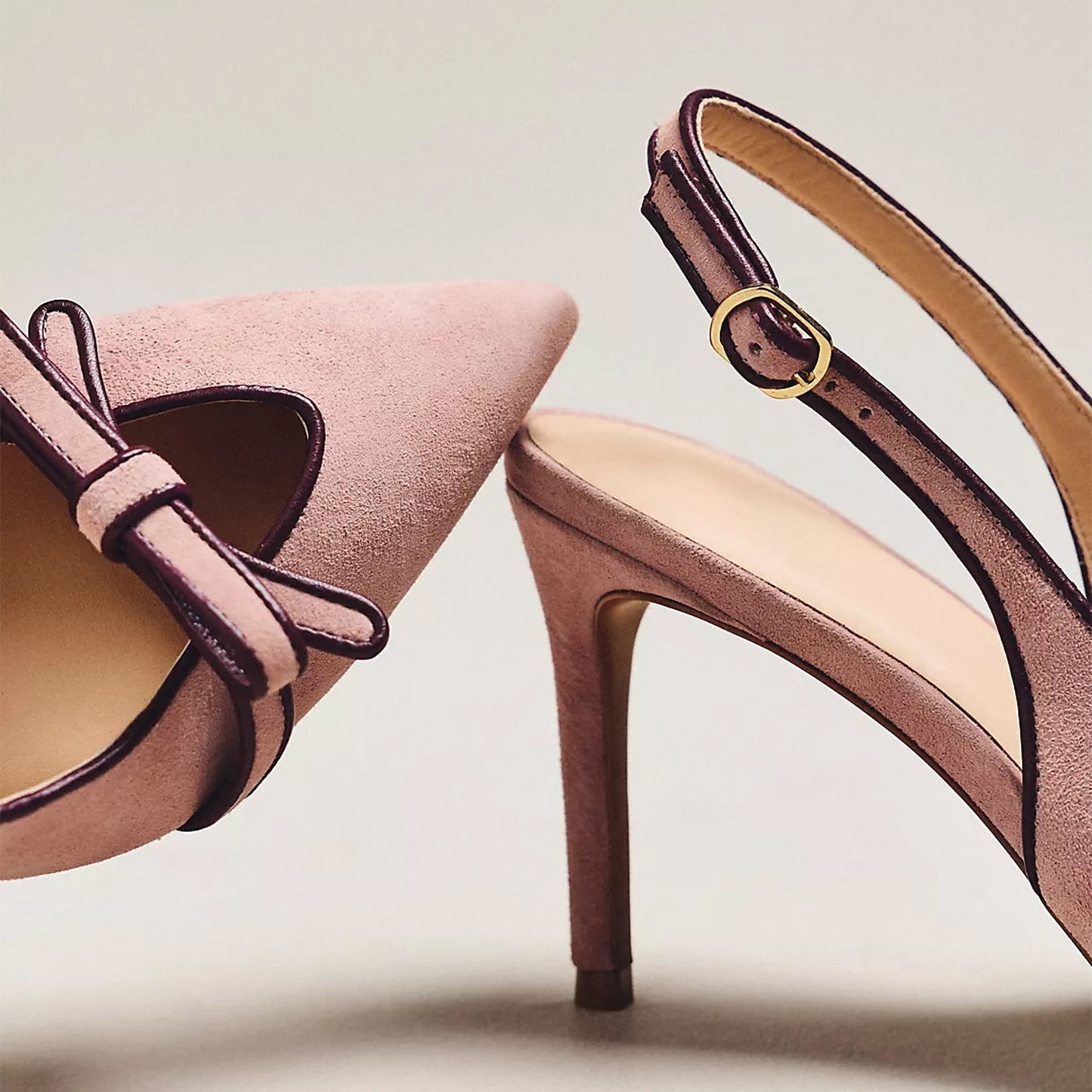 Pink Suede Pointed-Toe Front Bow Slingback Ankle Strap Kitten Heels