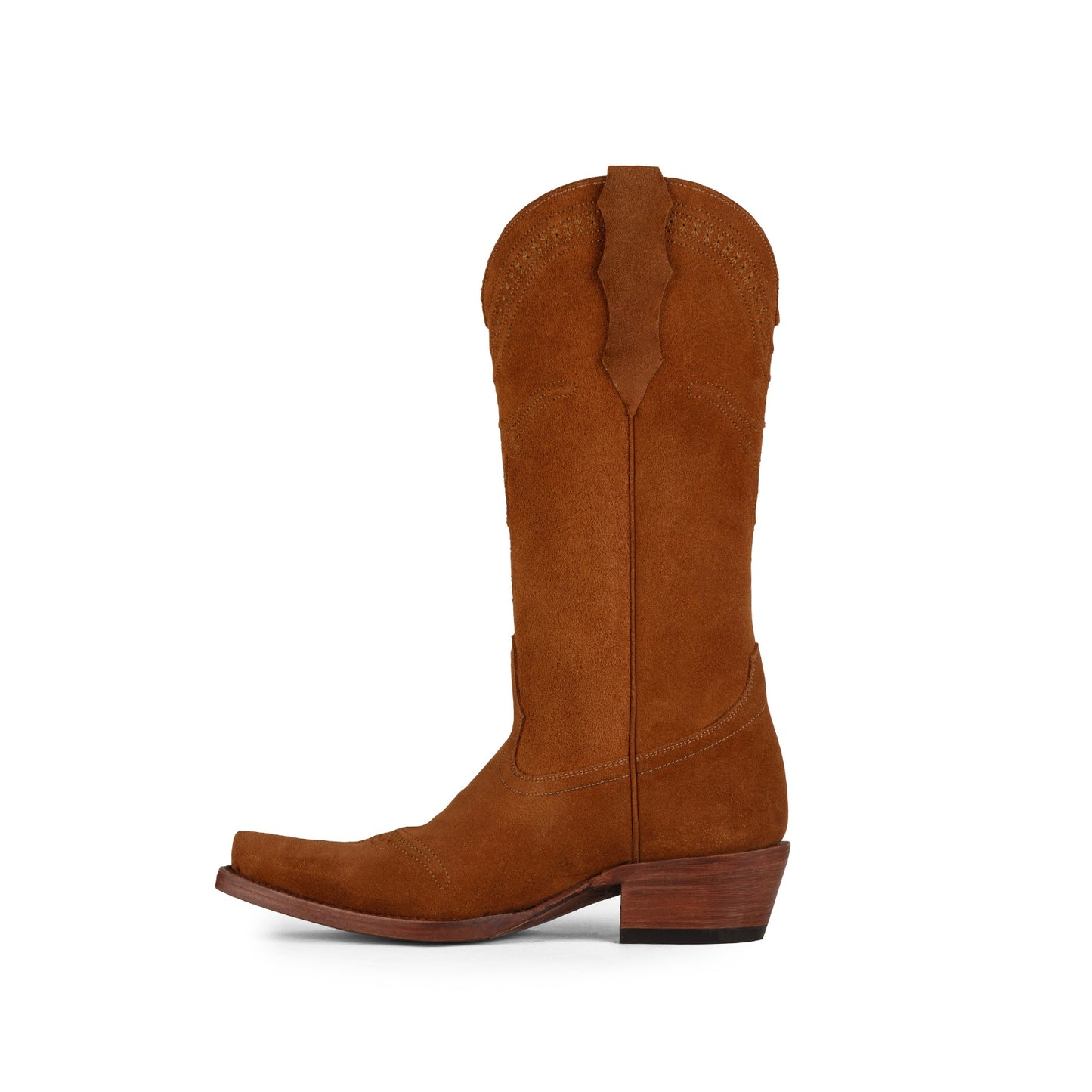 Dark Caramel Faux Suede Snip-Toe Simple Mid Calf Cowgirl Boots