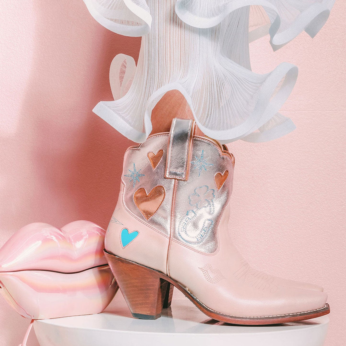 Contrast Silver and Pink Snip-Toe Embroidery Hearts Inlay Ankle Cowgirl Boots