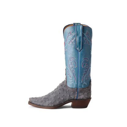 Contrast Blue And Gray Snip-Toe Embroidery Mid Calf Cowgirl Boots