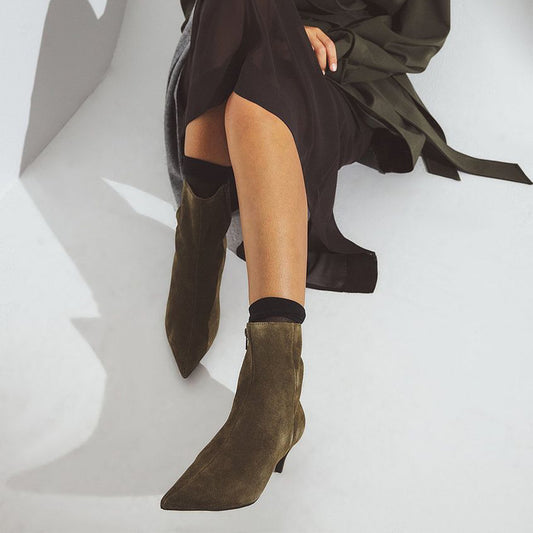 Khaki Faux Suede Pointed-Toe Full-Zip Ankle Stiletto Boots