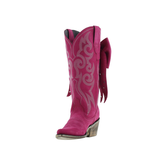 Fuchsia Pointed-Toe Embroidery Back Studded Bow Mid Calf Cowgirl Boots