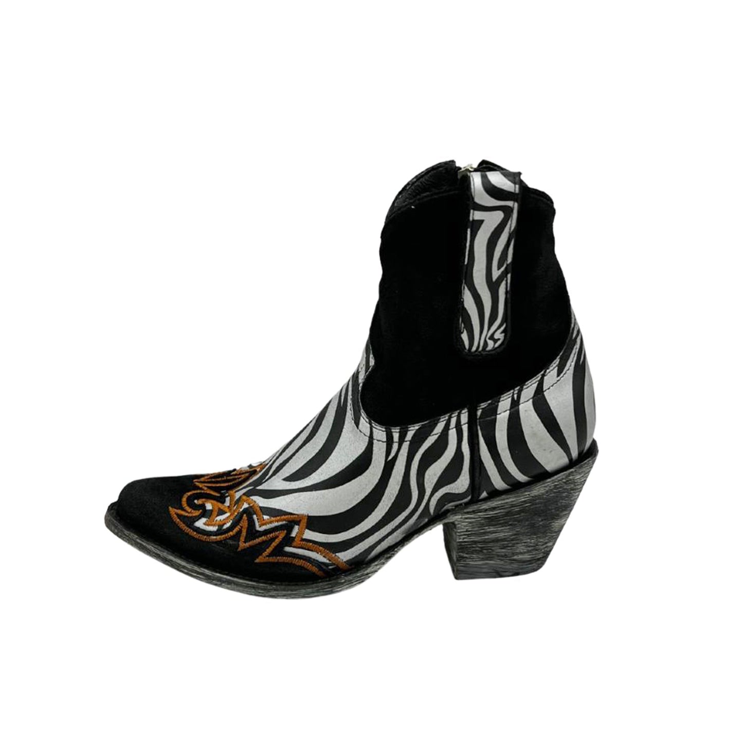 Contrast Black And Zebra Print Almond-Toe Embroidery Full-Zip Cowgirl Ankle Boots