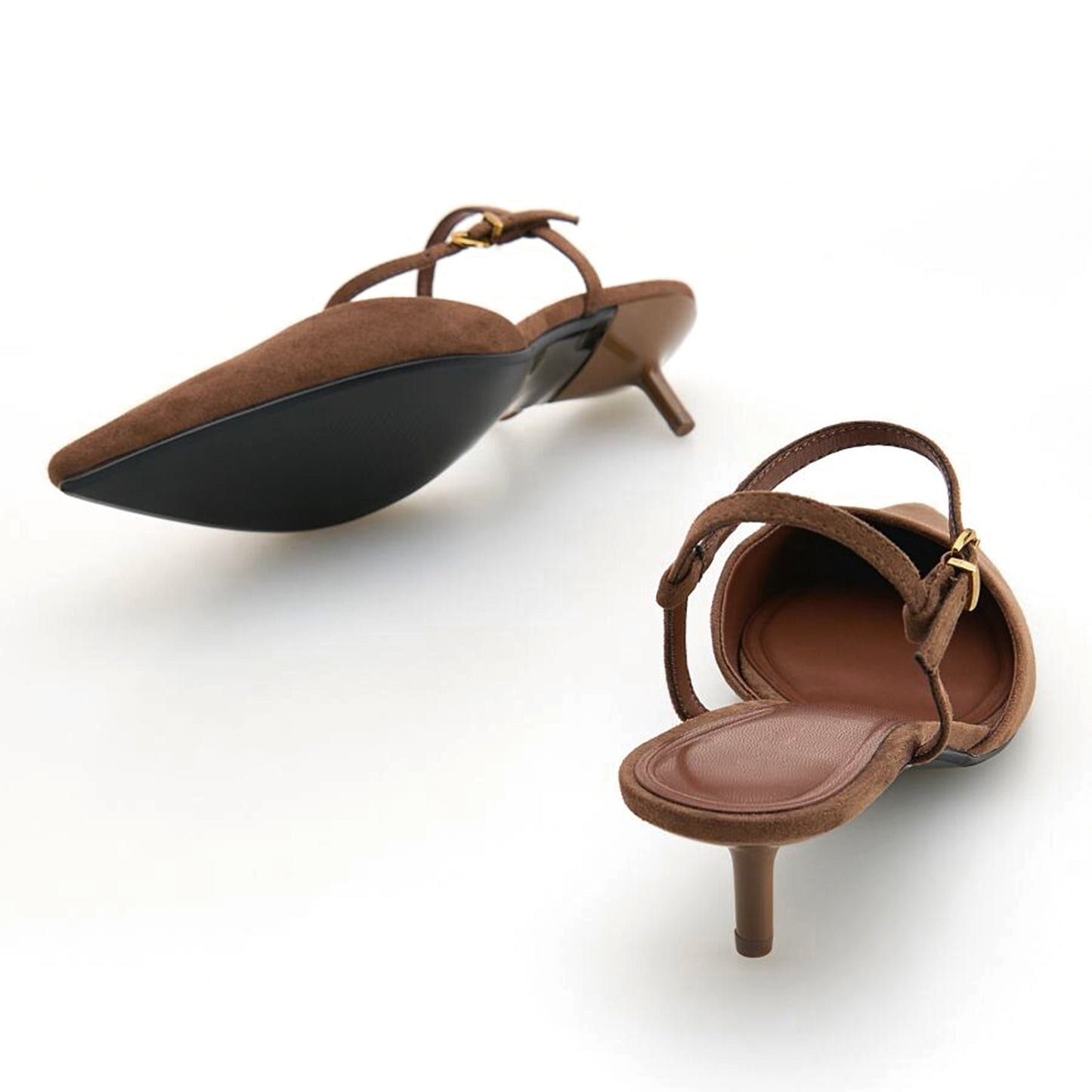 Brown Faux Suede Pointed-Toe Classic Ankle Strap Kitten Heels