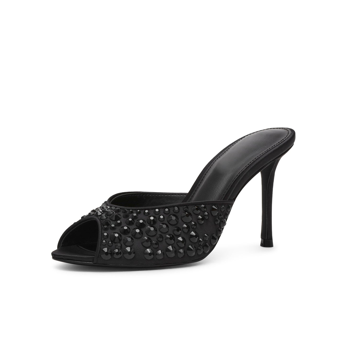Black Satin Open Almond-Toe Rhinestone Backless High Heels