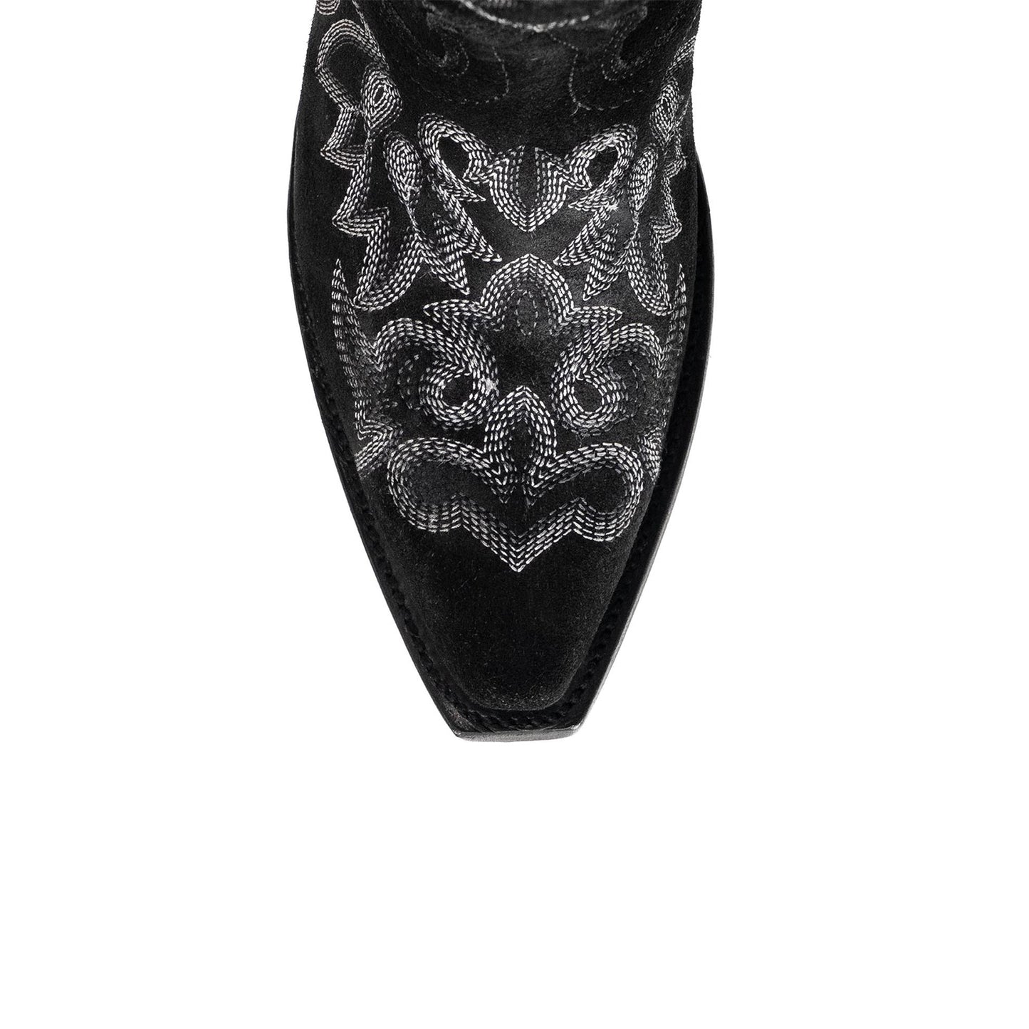 Black Faux Suede Snip-Toe Refined Embroidery Half-Zip Knee High Cowgirl Boots