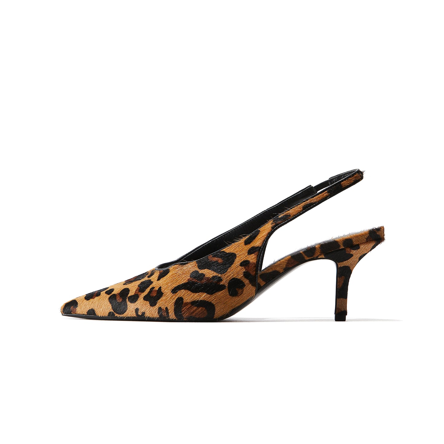 Leopard Pony Hair Pointed-Toe Slip-On Slingback Kitten Heels