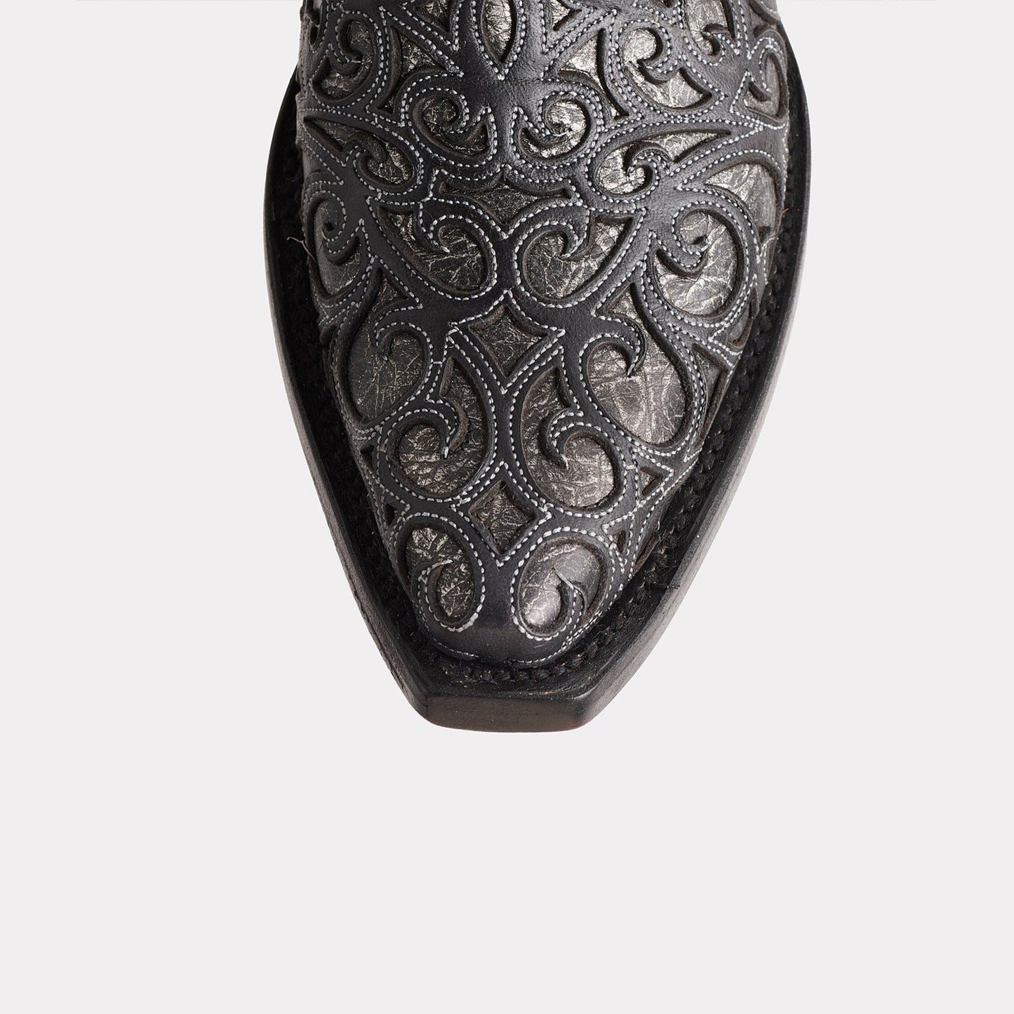 Black Snip-Toe Metallic Silver Inlays Chic Mid Calf Cowgirl Boots