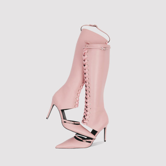 Pink Pointed-Toe Front Lace-Up Full-Zip Knee High Stiletto Boots