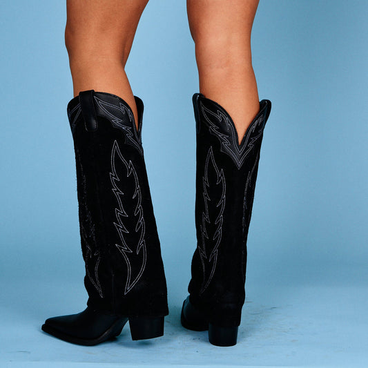 Black Snip-Toe Faux Suede Fold-Over Embroidery Wide Calf Knee High Cowgirl Boots