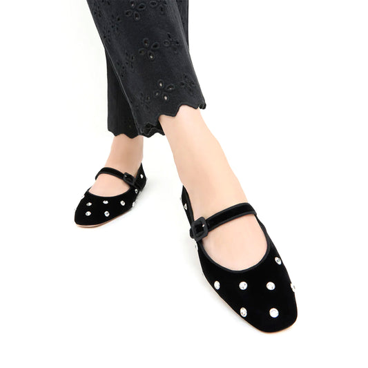 Black Velvet Square-Toe Bridge Strap Ballet Flats With Rhinestones