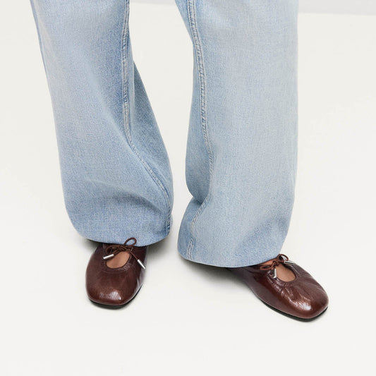 Patent Brown Square-Toe Stretchy Ballet Flats