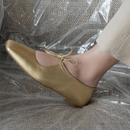 Metallic Gold Vegan Leather Square-Toe Vamp Strap With Bow Ballet Flats