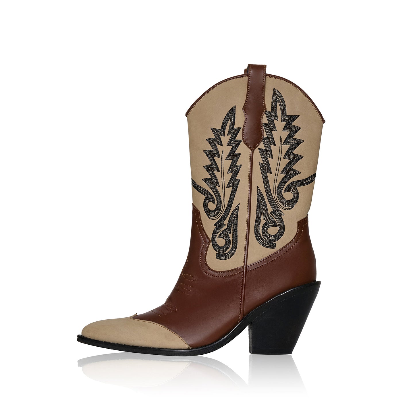 Contrast Red And Beige Round-Toe Embroidery Mid Calf Cowgirl Boots