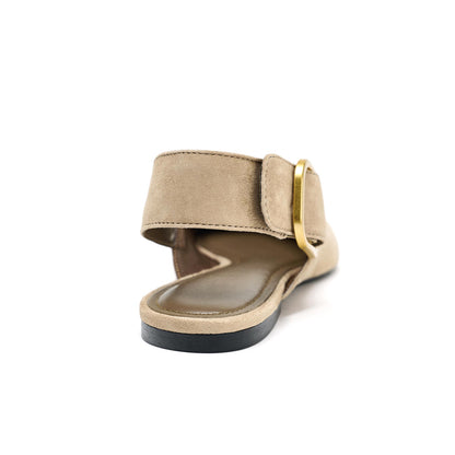 Beige Faux Suede Pointed-Toe Slingback Buckle Flats