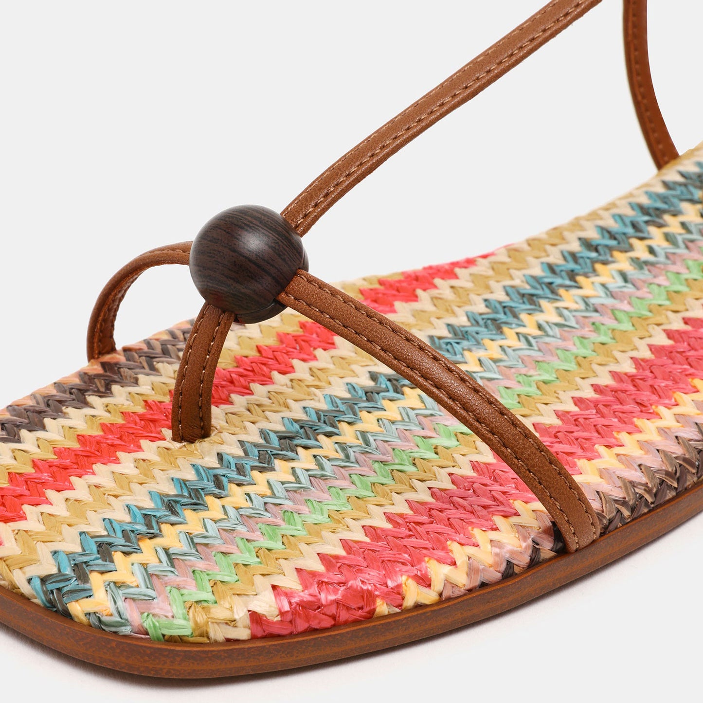 Brown And Multi-Color Square-Toe Strappy Ankle Strap Sandals Flats