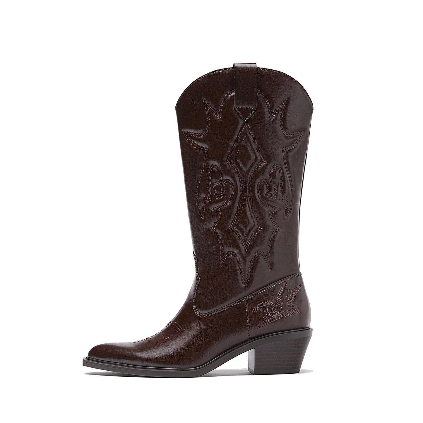 Brown Almond-Toe Chic Stitch Mid Calf Classic Cowgirl Boots