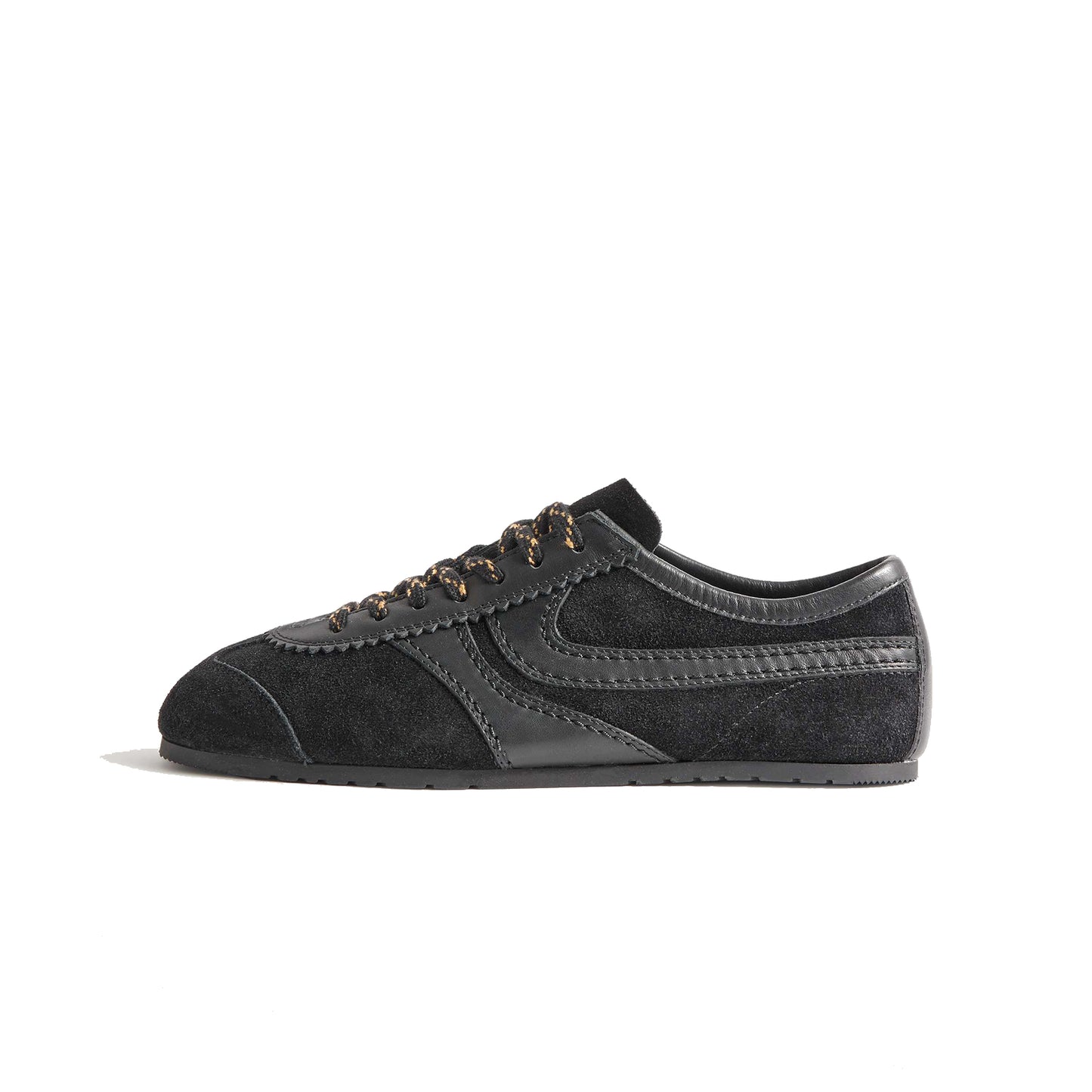All Black Contrast Faux Suede And Vegan Leather Square-Toe Lace-Up Sneakers Flats