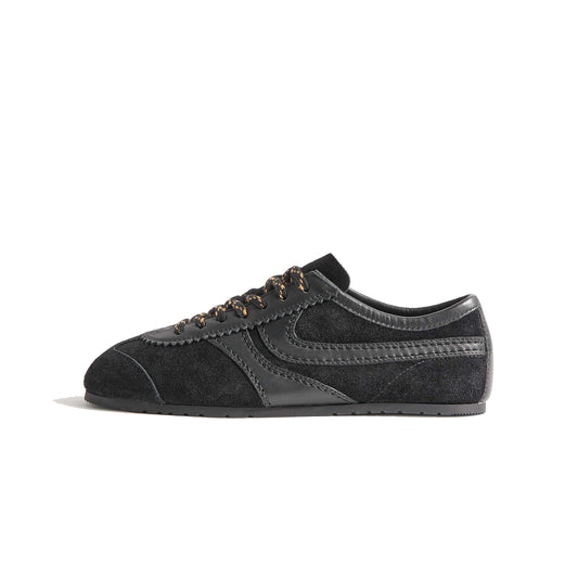 All Black Contrast Faux Suede And Vegan Leather Square-Toe Lace-Up Sneakers Flats