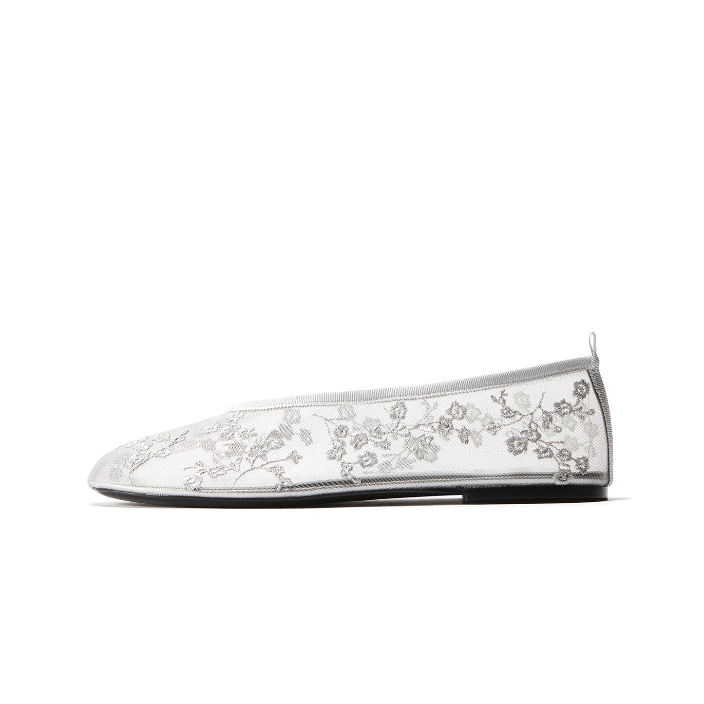 Silver Mesh Round-Toe Floral Embroidery Ballet Flats