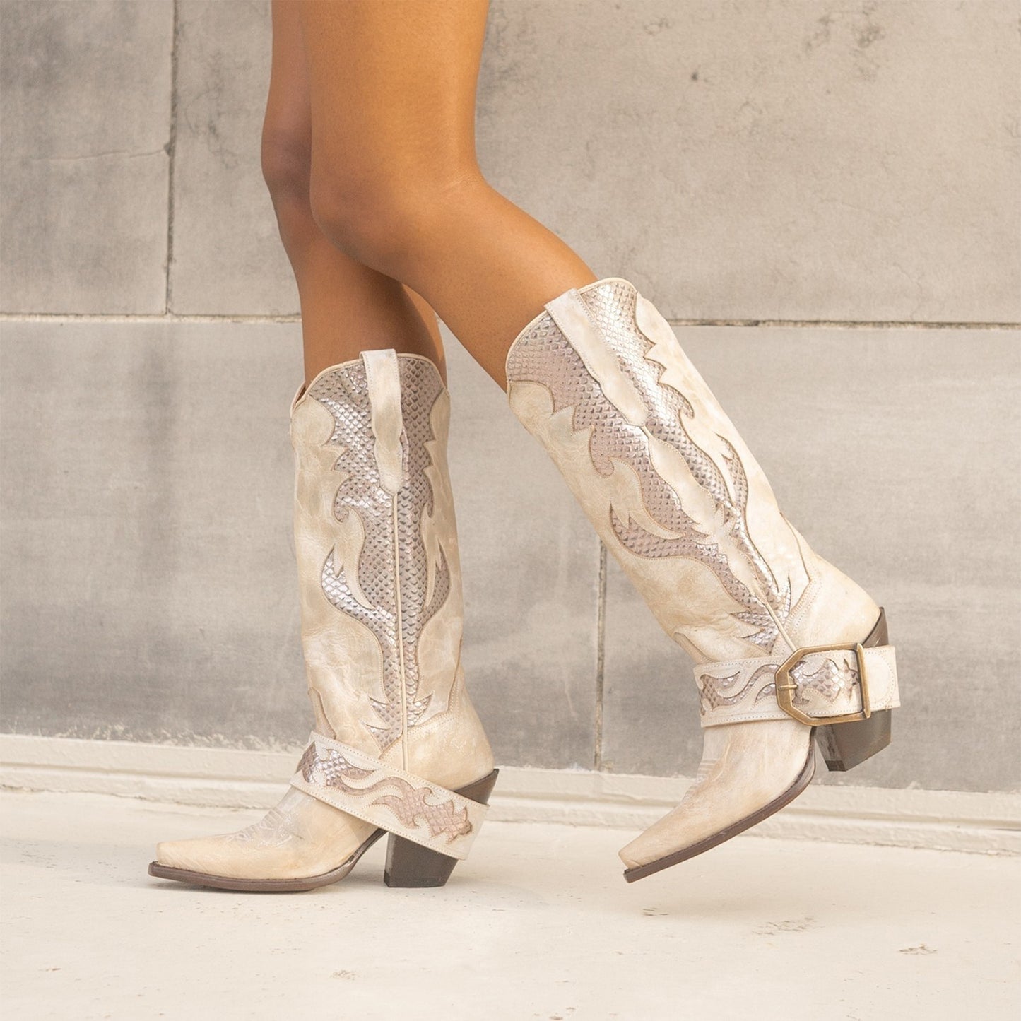Bone Snip-Toe Metallic Snakeskin Print Inlay Buckle Strap Mid Calf Cowgirl Boots