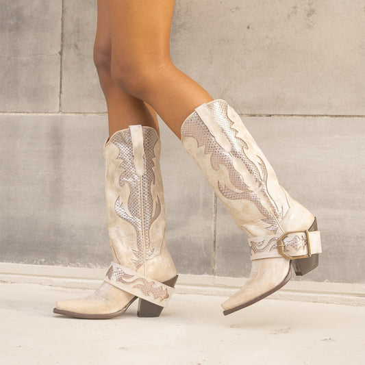Bone Snip-Toe Metallic Snakeskin Print Inlay Buckle Strap Mid Calf Cowgirl Boots