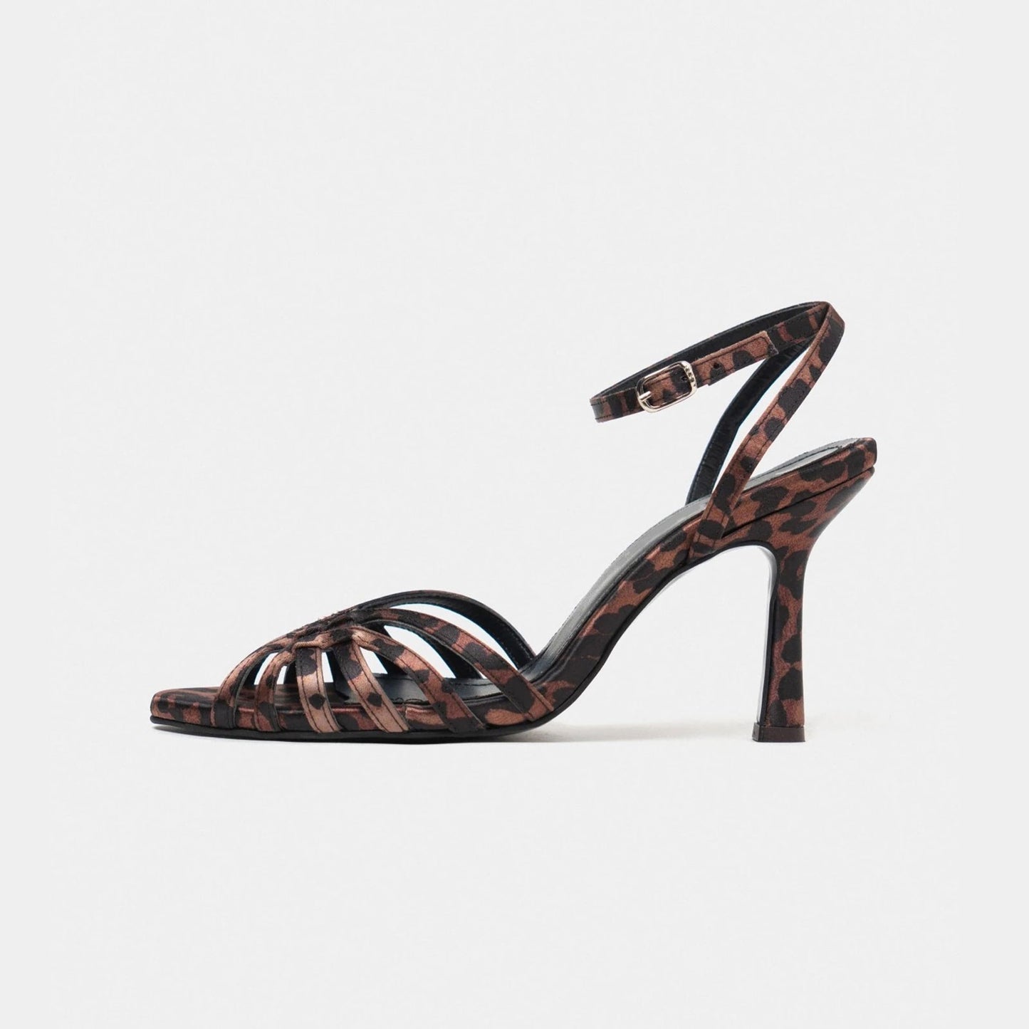 Leopard Satin Pointed-Toe Strappy Back And Ankle Strap High Heels