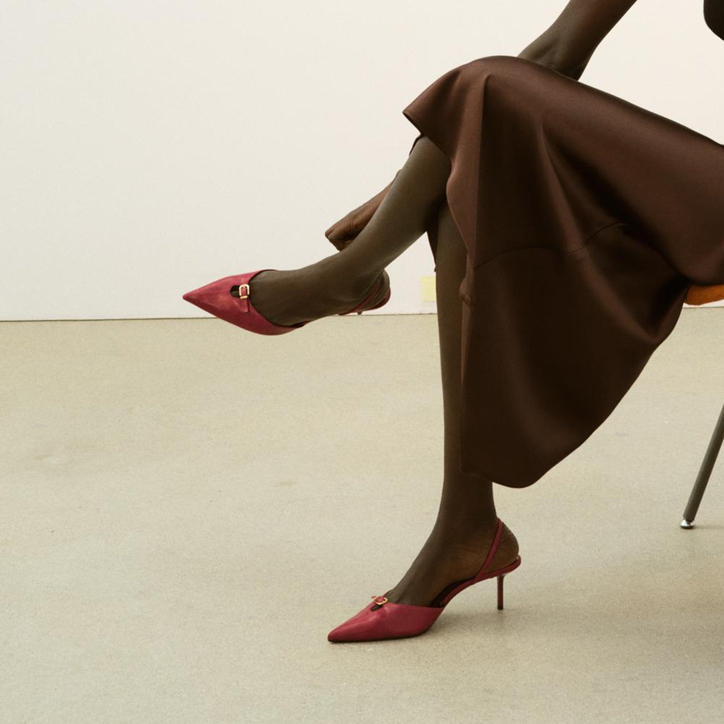 Red Pointed-Toe Front Buckle And Slingback Classic Kitten Heels