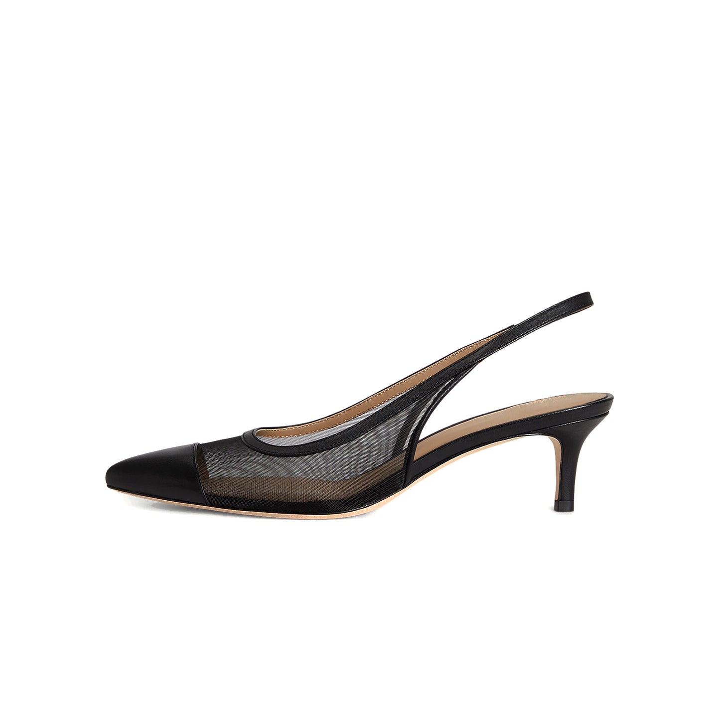 Black Mesh And Vegan Leather Pointed-Toe Back Strap Chic Kitten Heels