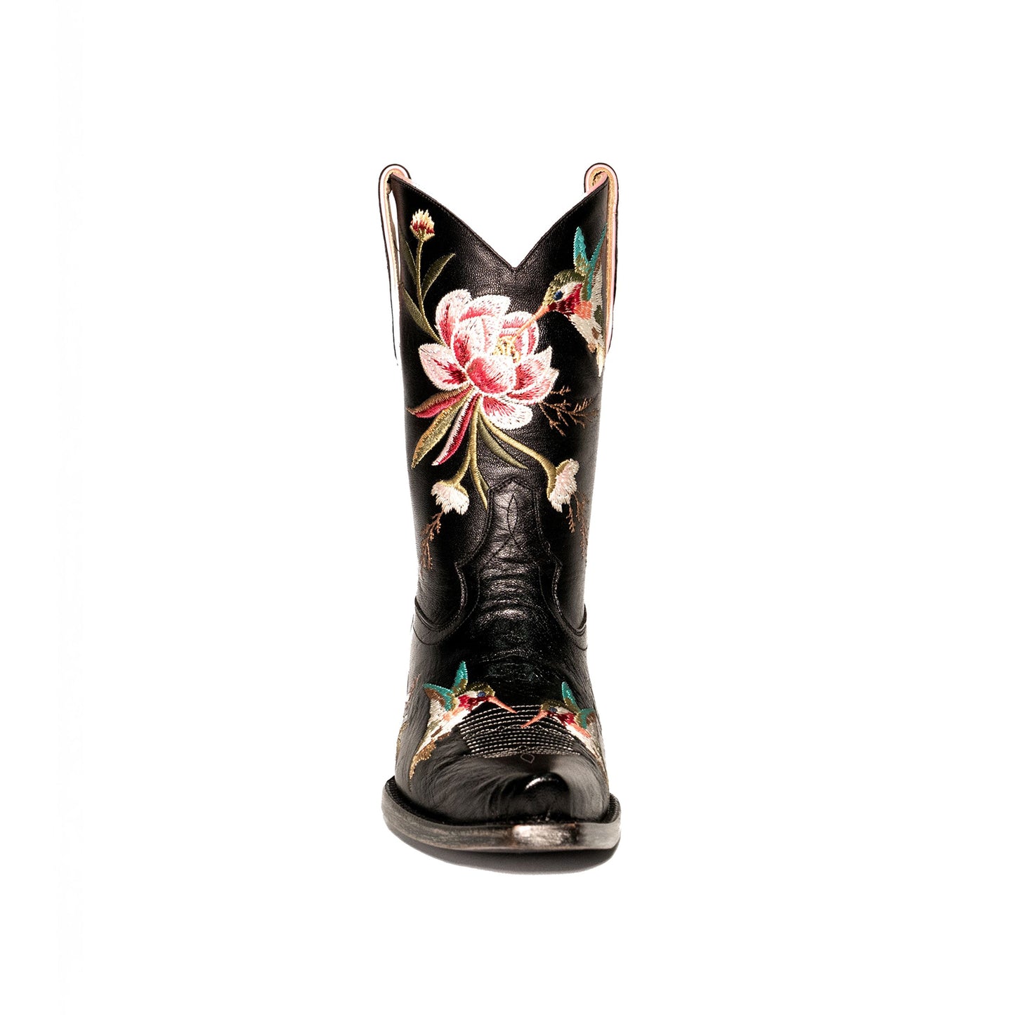 Black Snip-Toe Vivid Flowers And Bird Embroidery Ankle Cowgirl Boots
