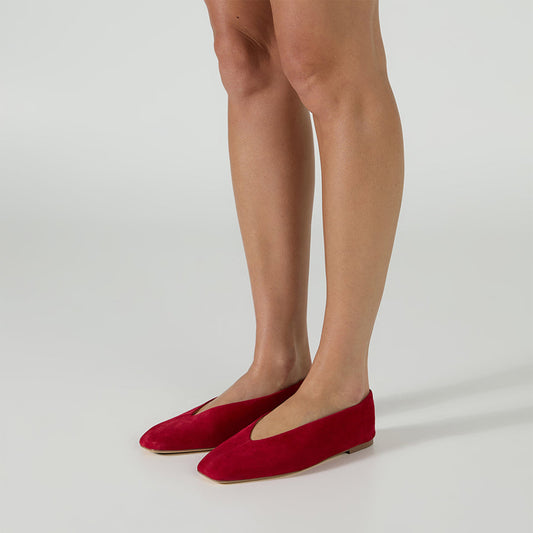 Red Faux Suede Chic Square-Toe Slip-On Flats