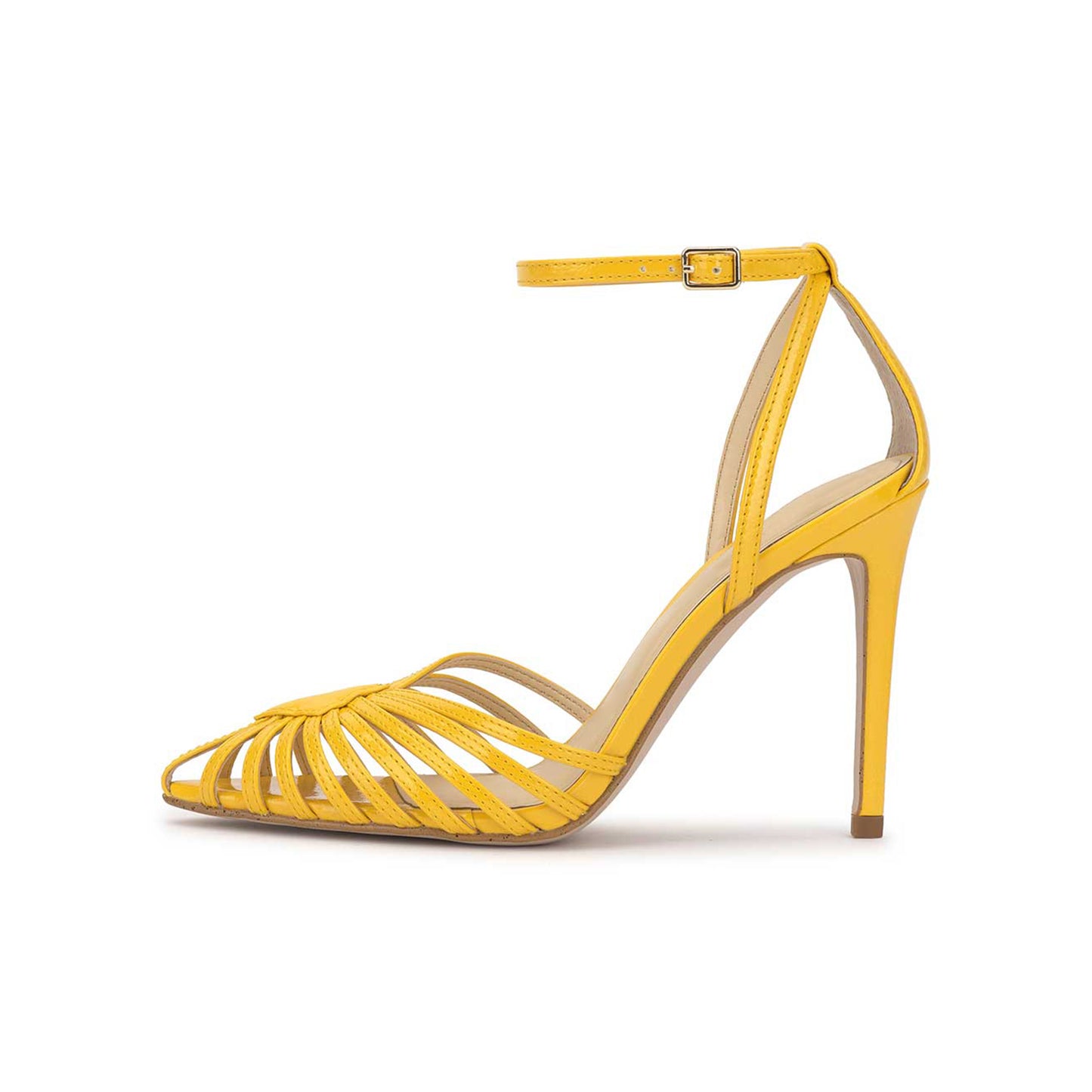 Patent Yellow Pointed-Toe Front Strappy Ankle Strap Pumps High Heels