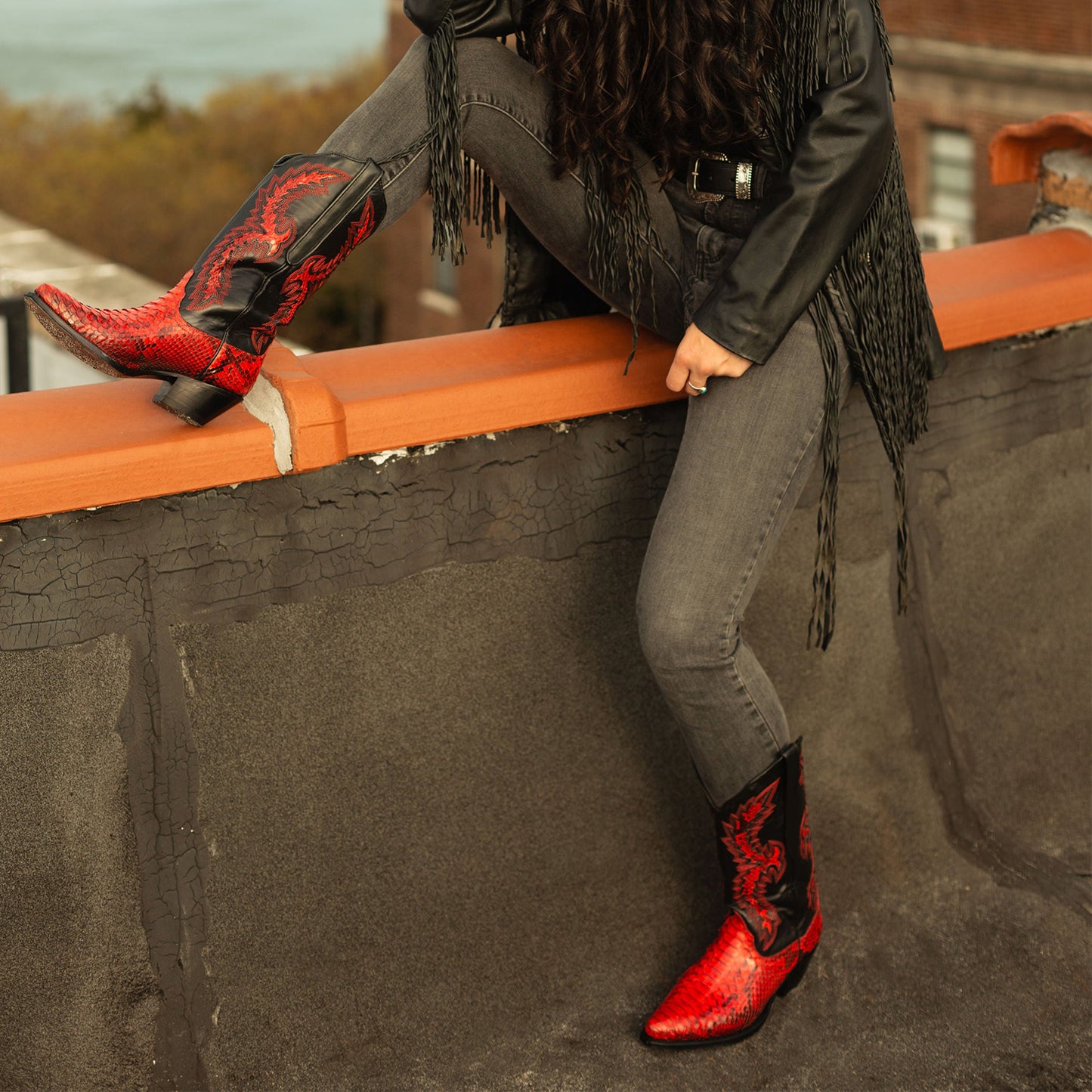 Contrast Snakeskin Print And Black Vegan Leather Snip-Toe Embroidery And Inlay Mid Calf Cowgirl Boots