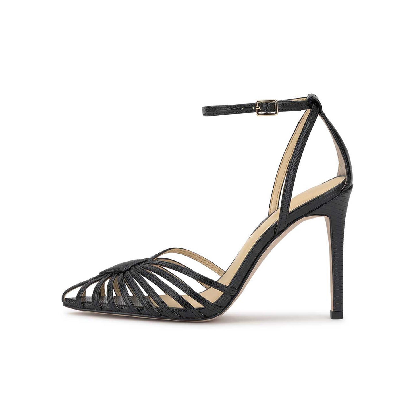 Black Crocodile Print Pointed-Toe Front Strappy Ankle Strap Pumps High Heels