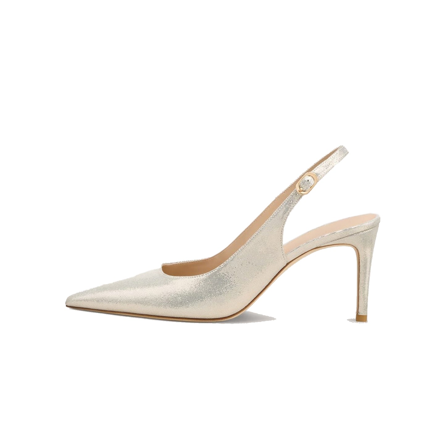 Metallic Silver Vegan Leather Pointed-Toe Classic Buckle Back Strap Kitten Heels